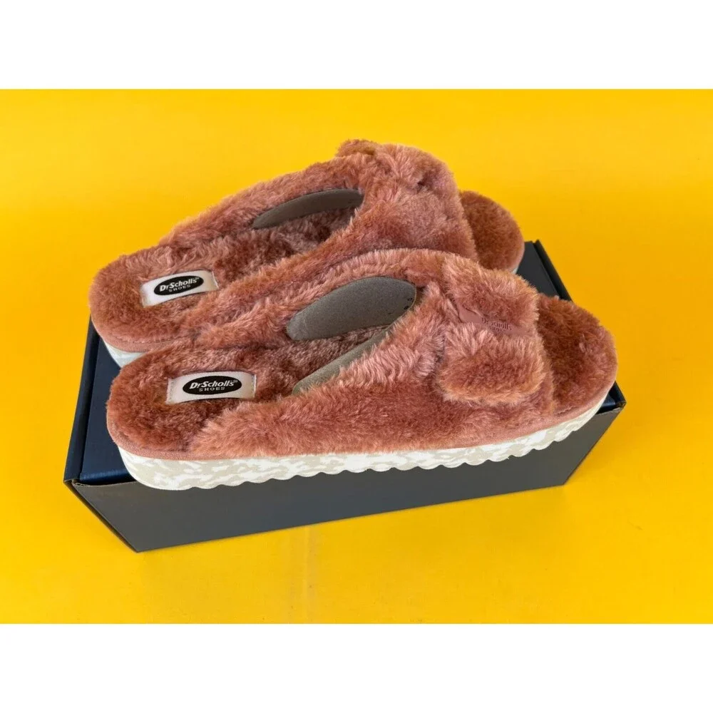 Dr Scholl's Staycay OG Slippers Slide Sandals Womens 8 M Pink Plush Faux Fur NWB_9